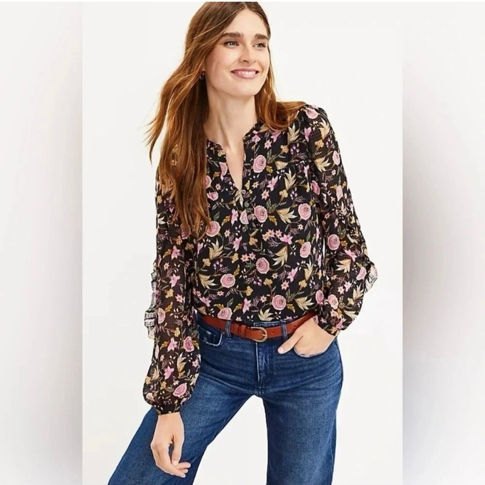 LOFT Floral Black Blouse for Women Large